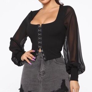 Black Sheer Sleeve Hook-and-Eye Top